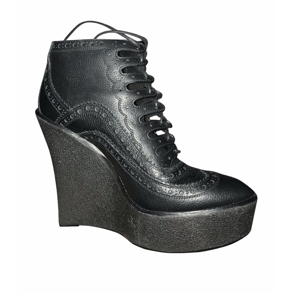 Burberry Black Wedge Booties with Lace-Up Brogue Design